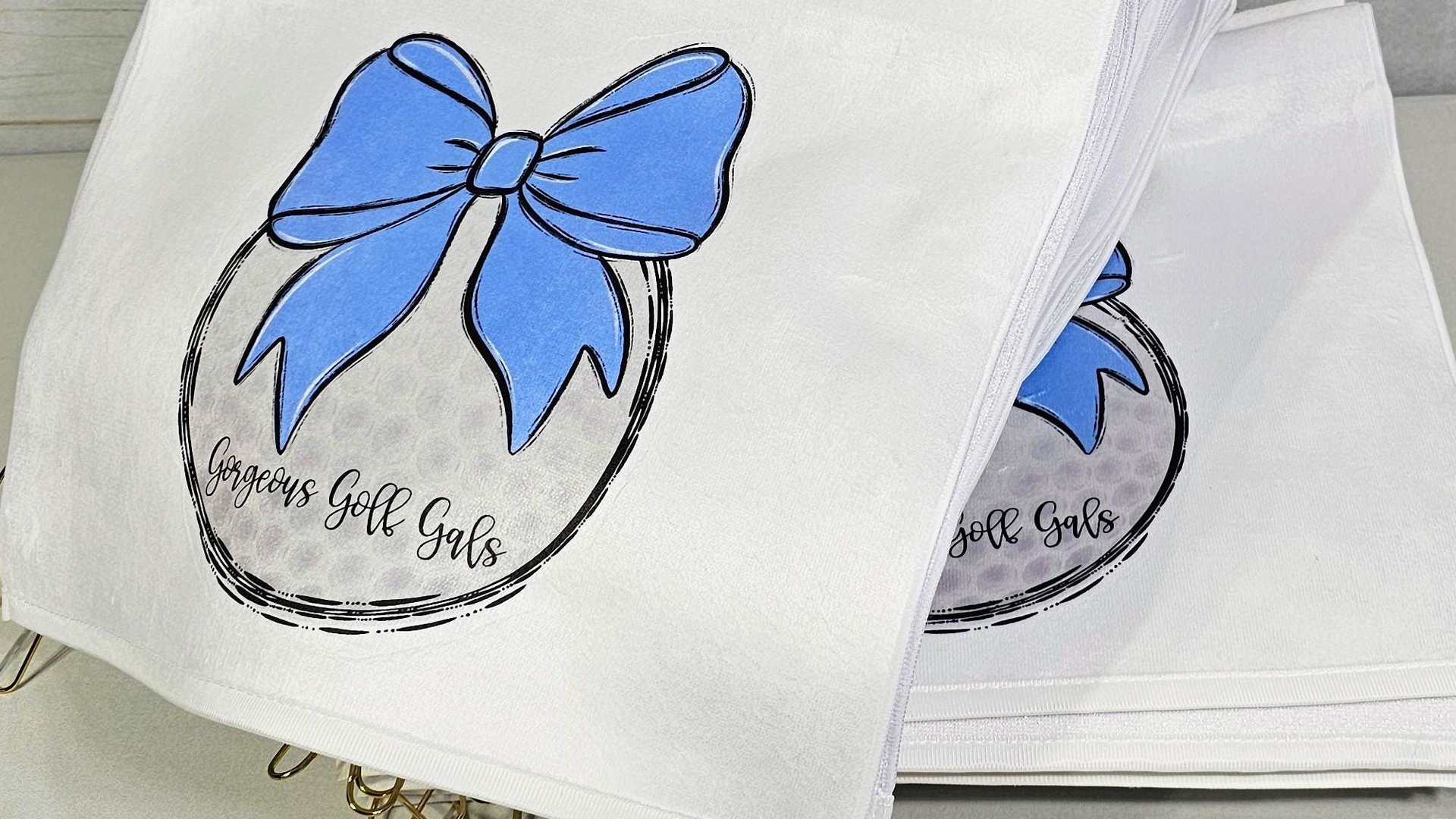 personalized golf towel with grommet, blue coquette bow golf bag towel for women, cute golf gifts for her, lady golfer gifts, ball towel