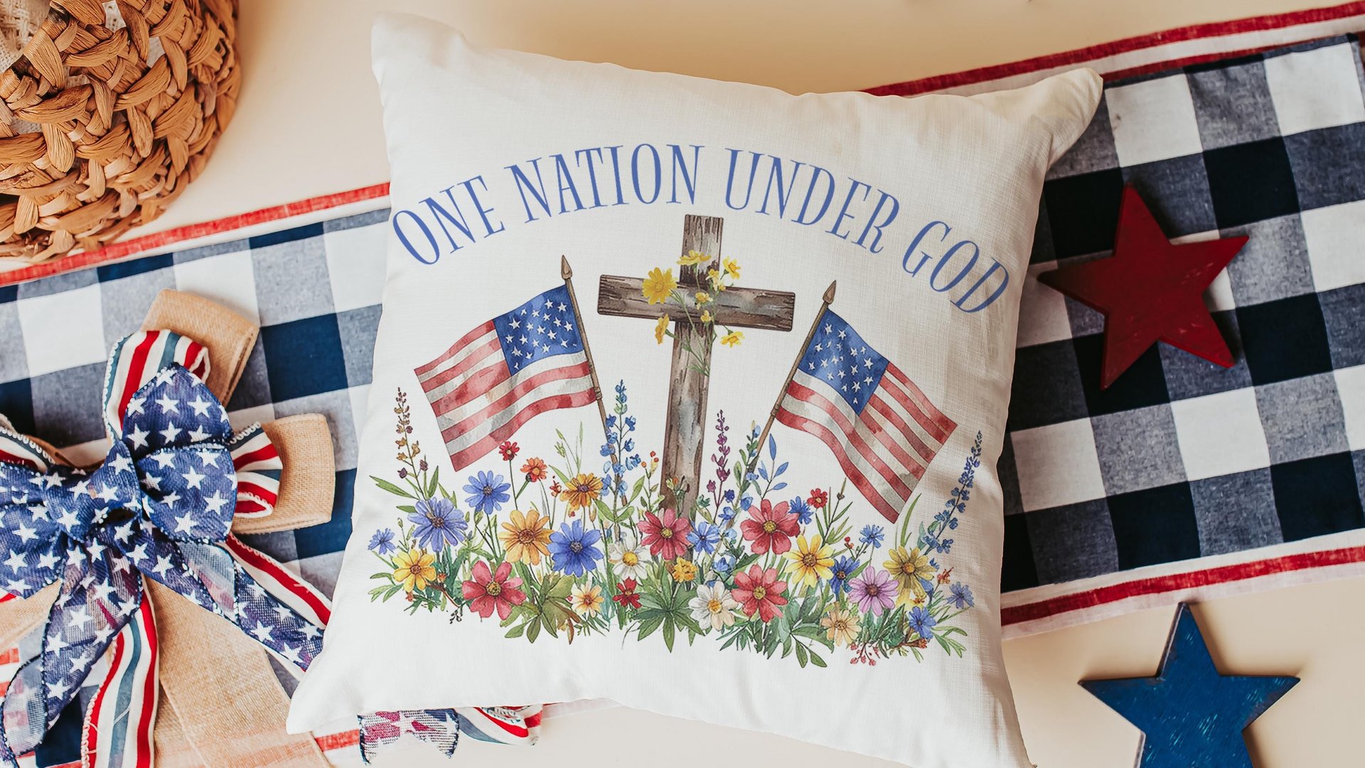 one nation under God American flag decorative pillows for couch, 4th of July wildflower throw pillow home decor, patriotic gifts for women