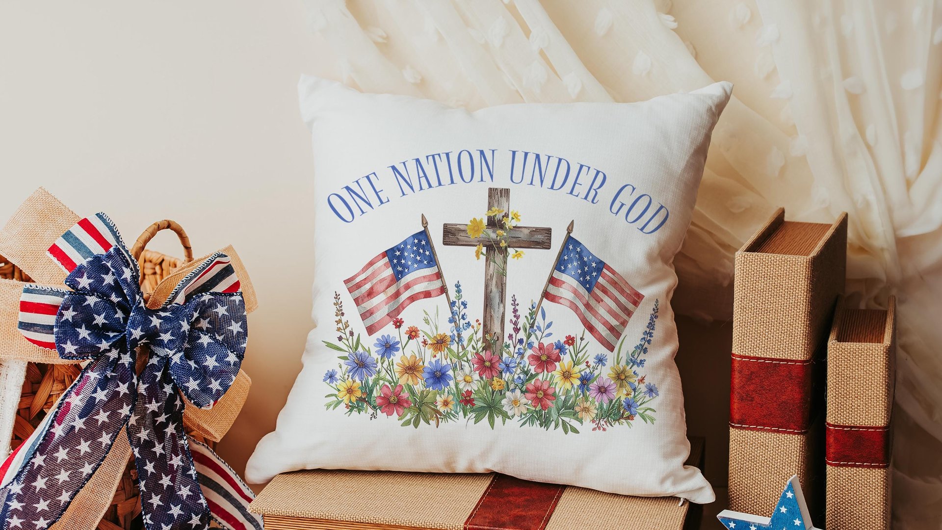 one nation under God American flag decorative pillows for couch, 4th of July wildflower throw pillow home decor, patriotic gifts for women