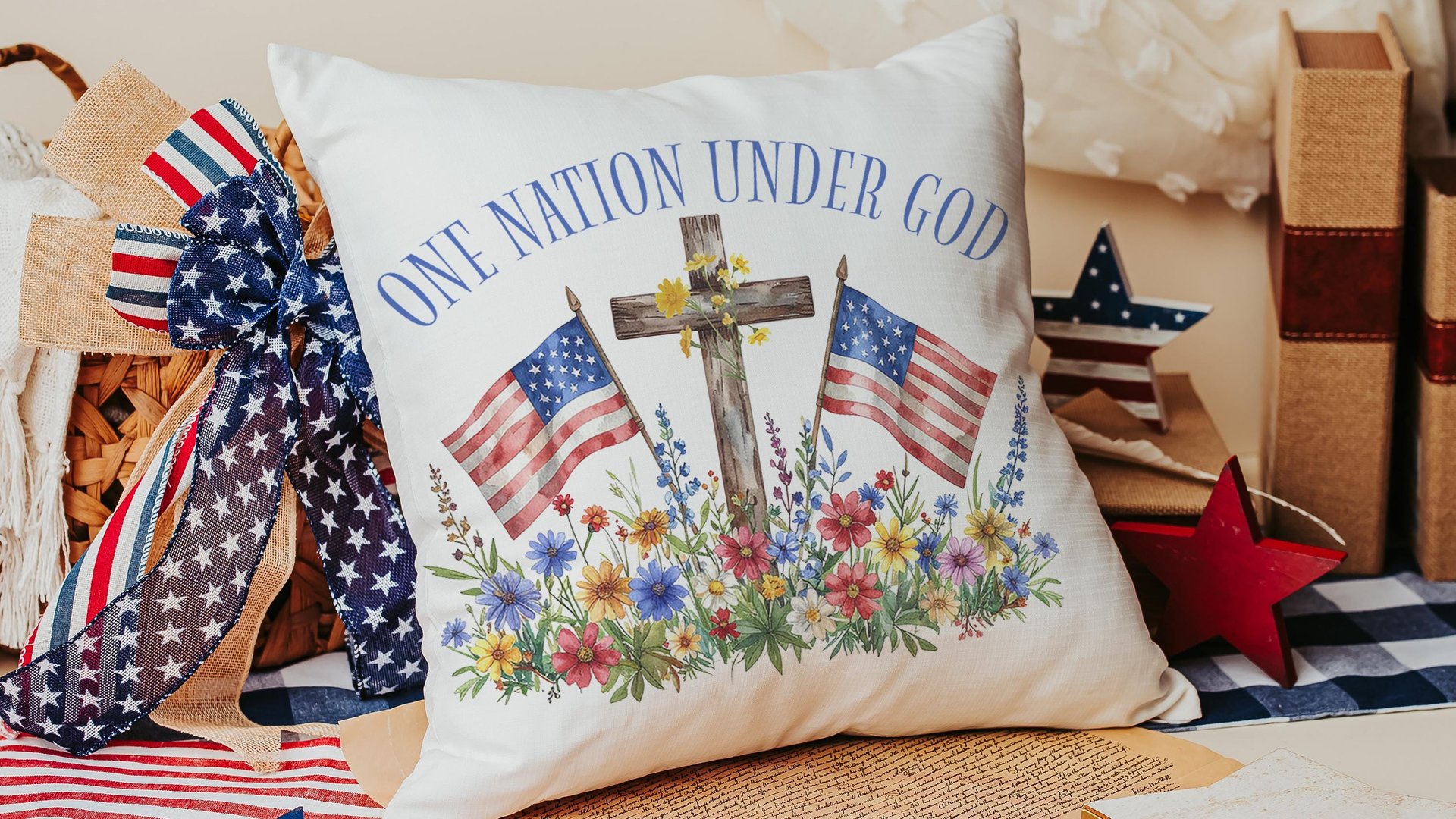 one nation under God American flag decorative pillows for couch, 4th of July wildflower throw pillow home decor, patriotic gifts for women