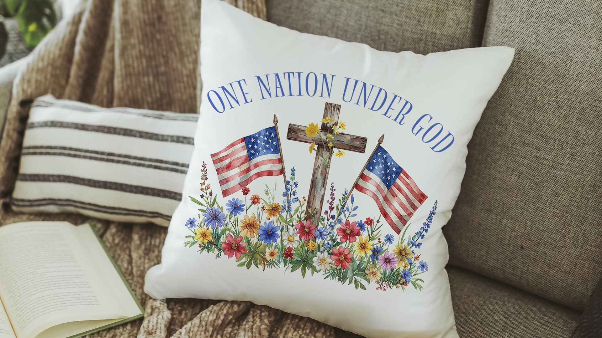 one nation under God American flag decorative pillows for couch, 4th of July wildflower throw pillow home decor, patriotic gifts for women