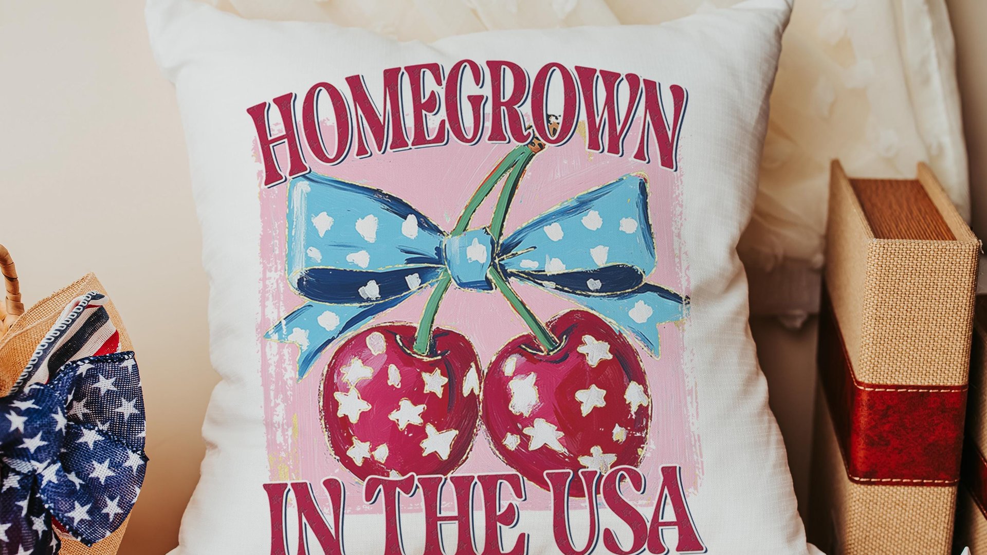 home grown cherry vibes throw pillows for porch swing, USA kitchen towel for Mom, 4th of July Americana pillow covers 18x18, patriotic gifts