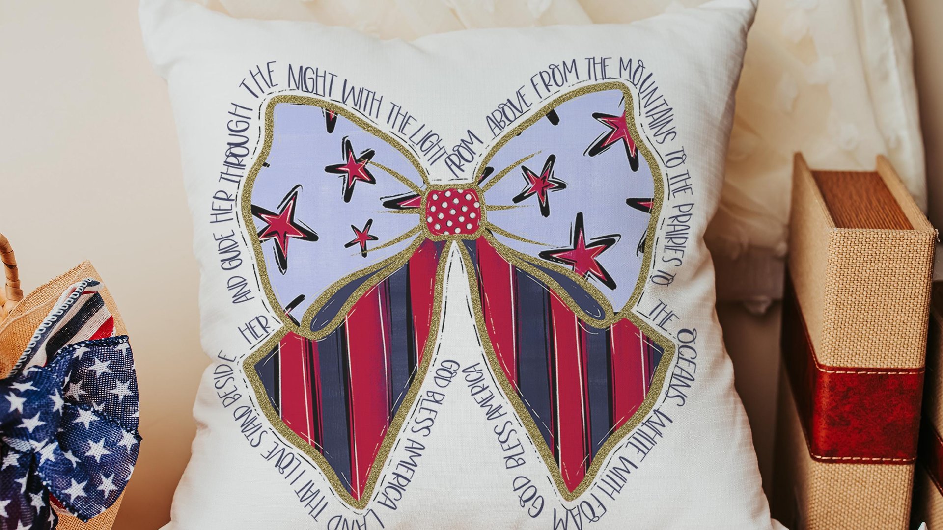 stars and stripes coquette kitchen towel for mom, God bless America 4th of July throw pillows for porch swing, patriotic gifts for women