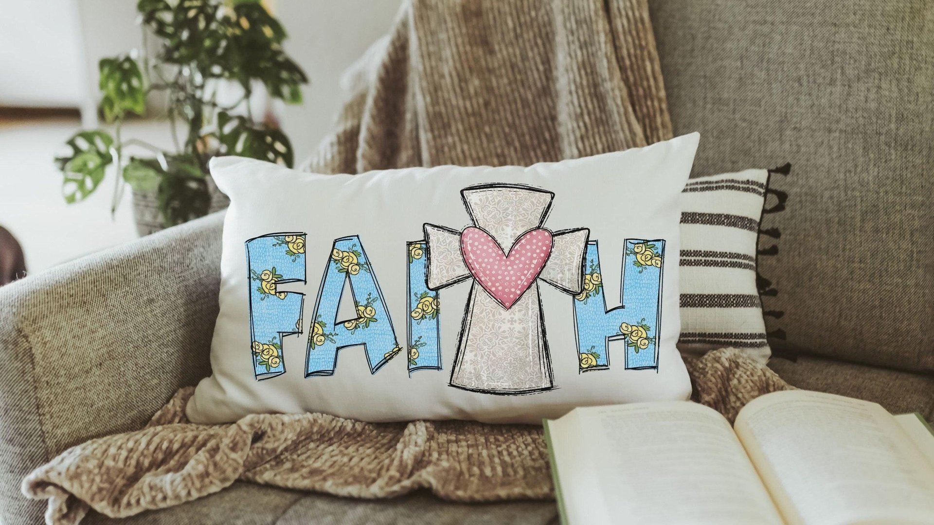 faith pillow cover 12x20, lumbar pillow for bed, Christian Christmas gifts for women, cross throw pillow cover 12 x 20, godmother gift from