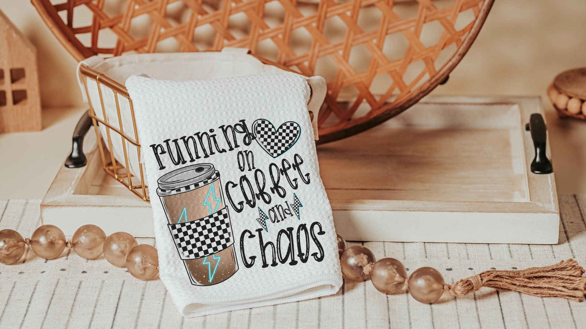 running on coffee and chaos funny kitchen towels for women, coffee lover gift for girlfriend, coffee bar accessories, coffee kitchen decor