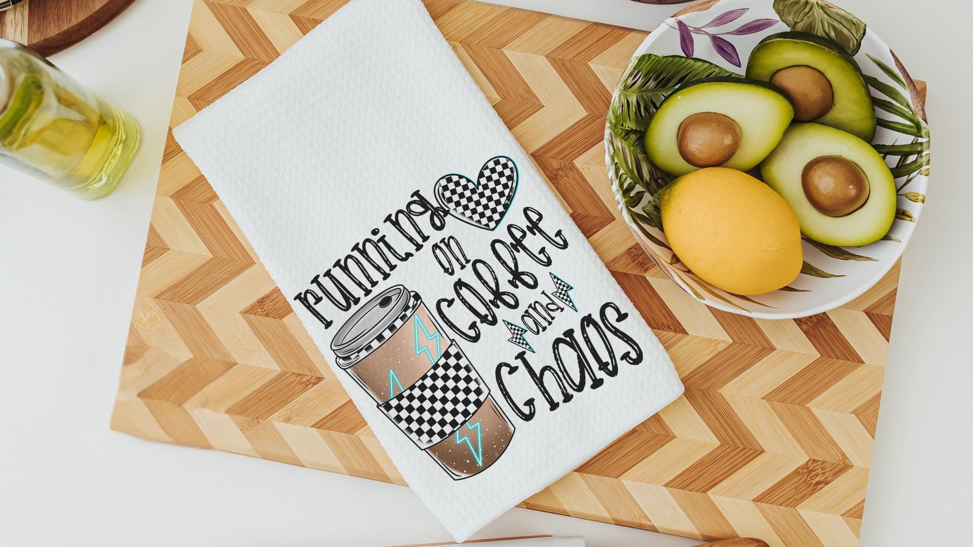 running on coffee and chaos funny kitchen towels for women, coffee lover gift for girlfriend, coffee bar accessories, coffee kitchen decor