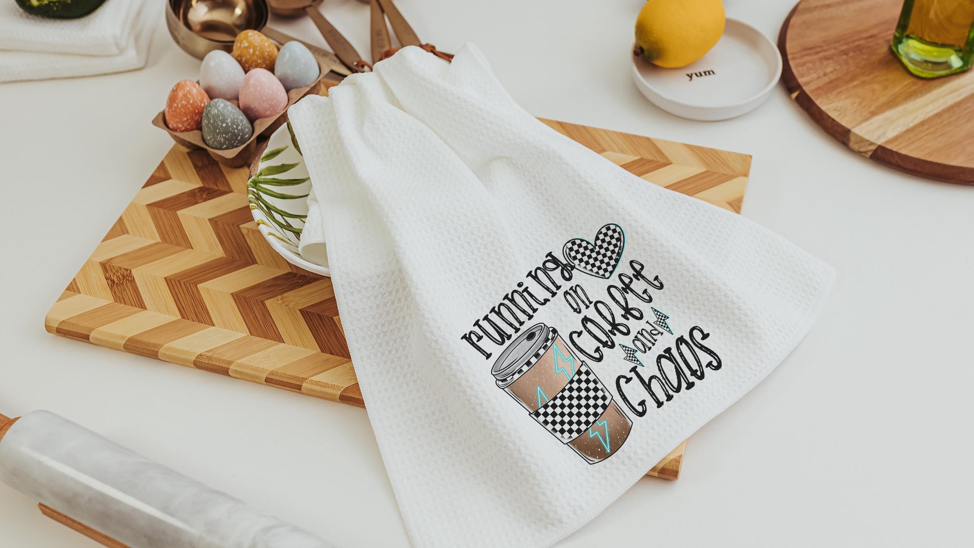 running on coffee and chaos funny kitchen towels for women, coffee lover gift for girlfriend, coffee bar accessories, coffee kitchen decor