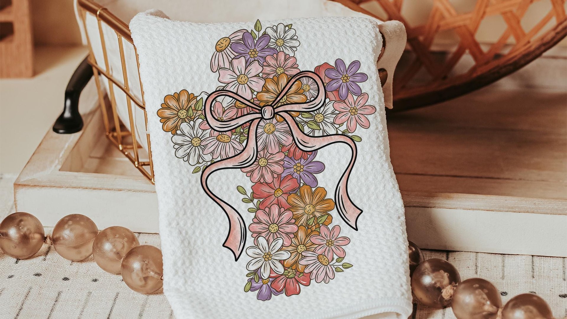 floral cross kitchen towel, faith in God LDS decor, Christian gifts for friends, faith based housewarming gifts for women, guest bathroom