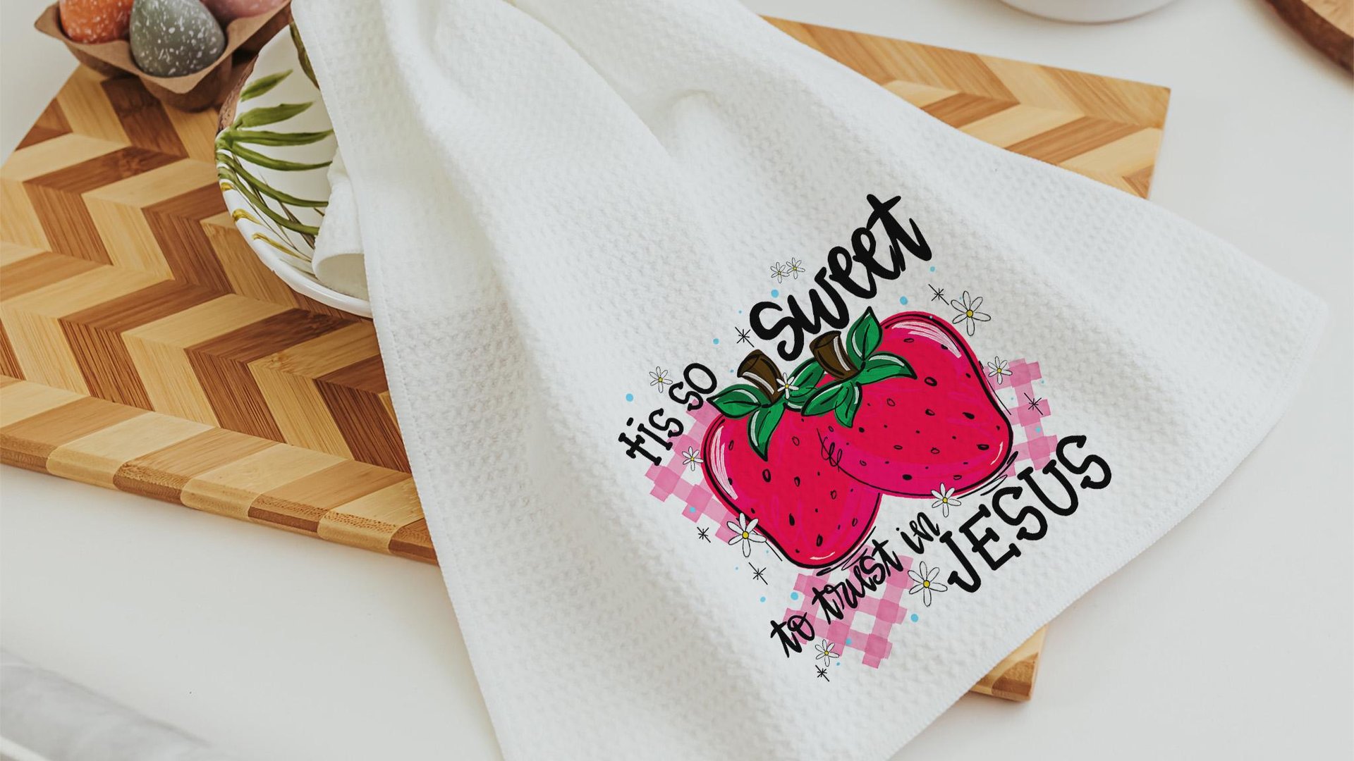 tis so sweet to trust in Jesus hand towels for kitchen Christian gifts for best friend, strawberry kitchen decor, faith gifts for her, cute