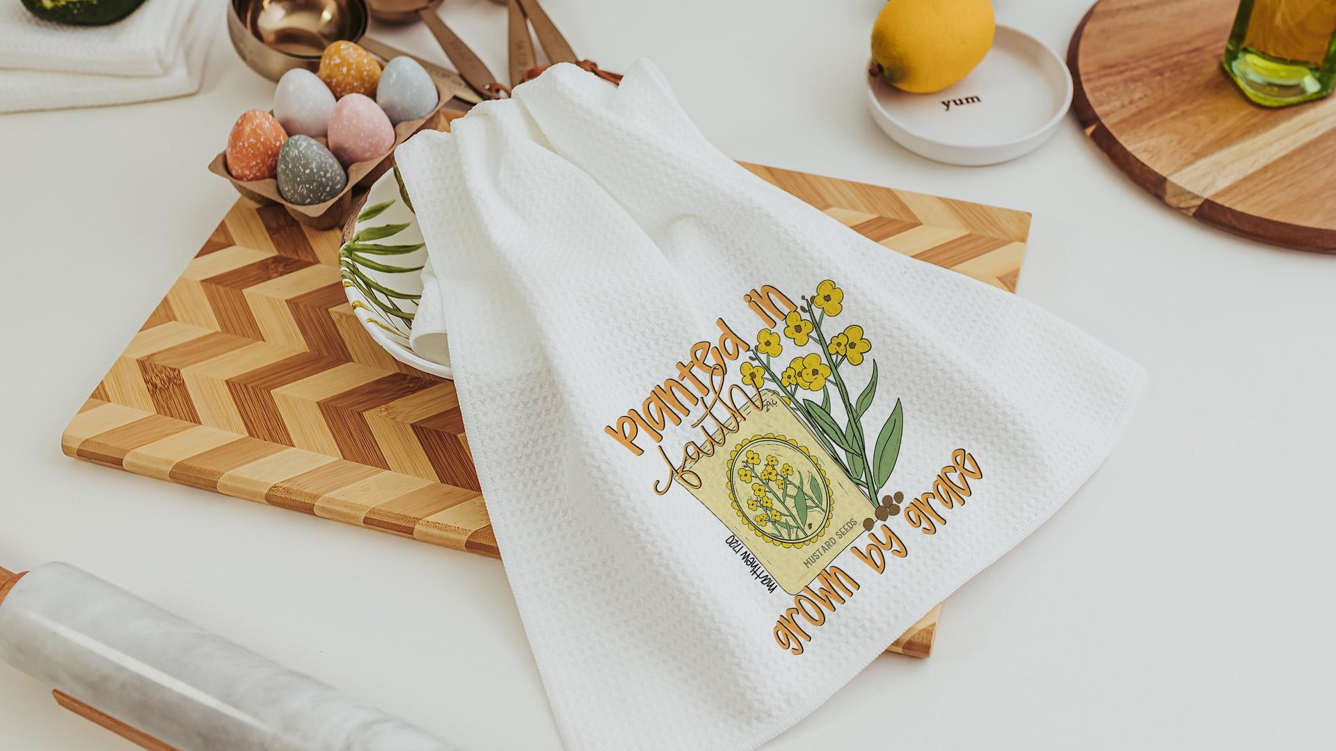 planted in faith grown in grace Christian kitchen towels, adult baptism gift for women, faith kitchen decor, Matthew 17:20 Bible verse gifts