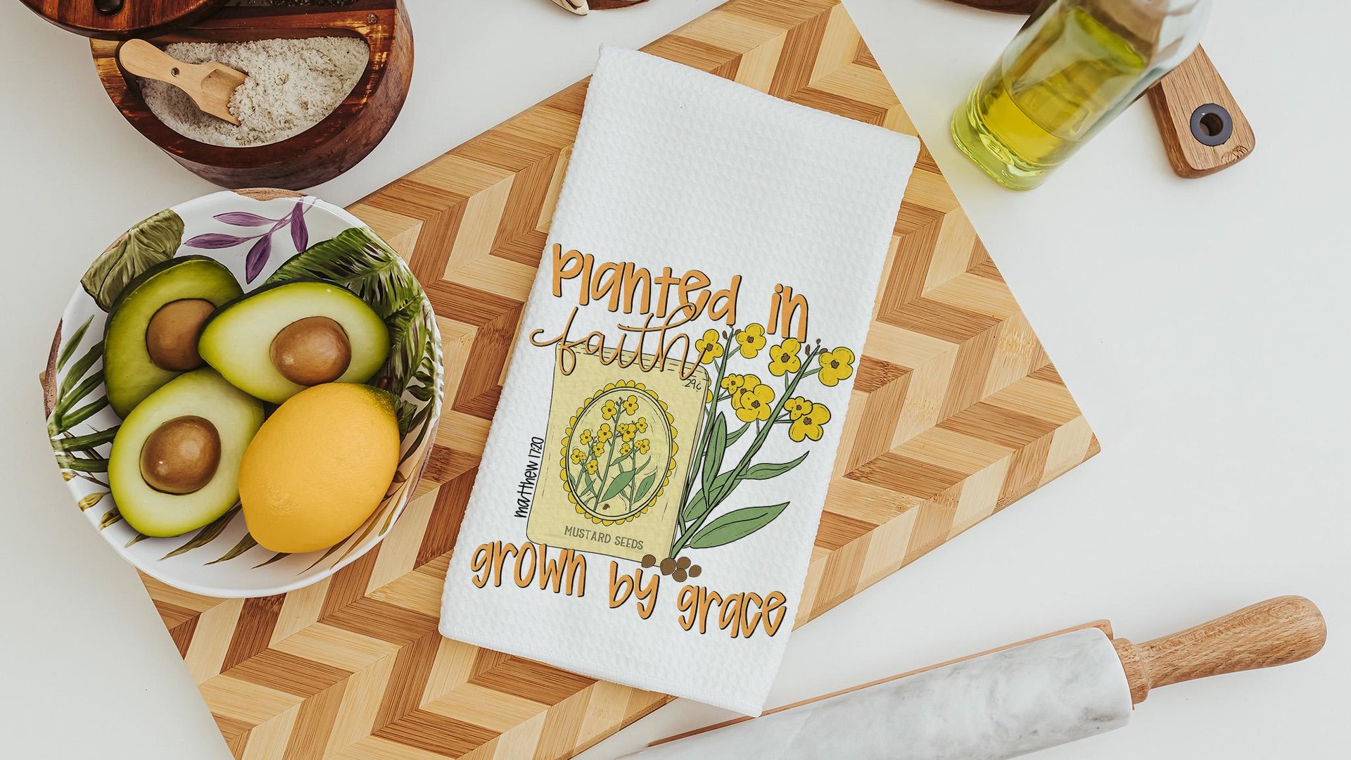 planted in faith grown in grace Christian kitchen towels, adult baptism gift for women, faith kitchen decor, Matthew 17:20 Bible verse gifts