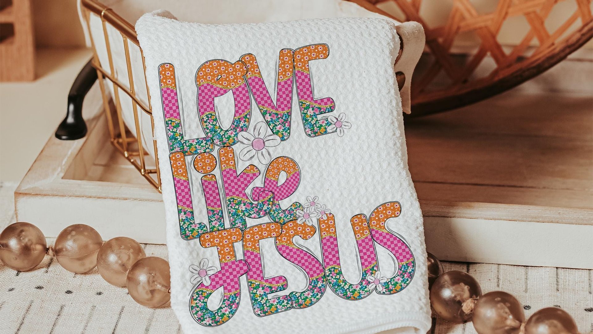 love like Jesus whimsical Christian kitchen towels, cute Christian gifts for sisters, pink checkered floral kitchen decor, faith kitchen