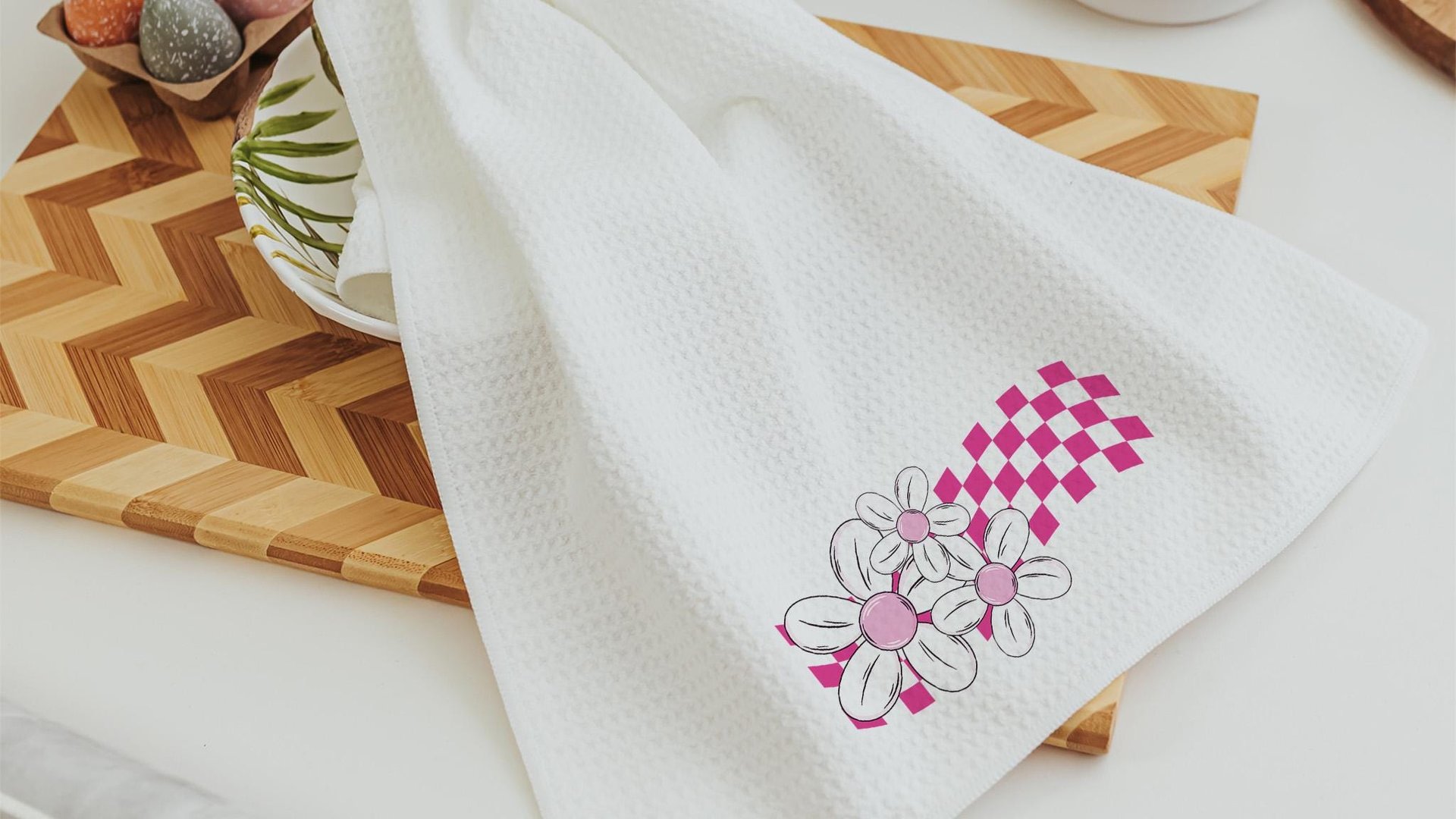 love like Jesus whimsical Christian kitchen towels, cute Christian gifts for sisters, pink checkered floral kitchen decor, faith kitchen
