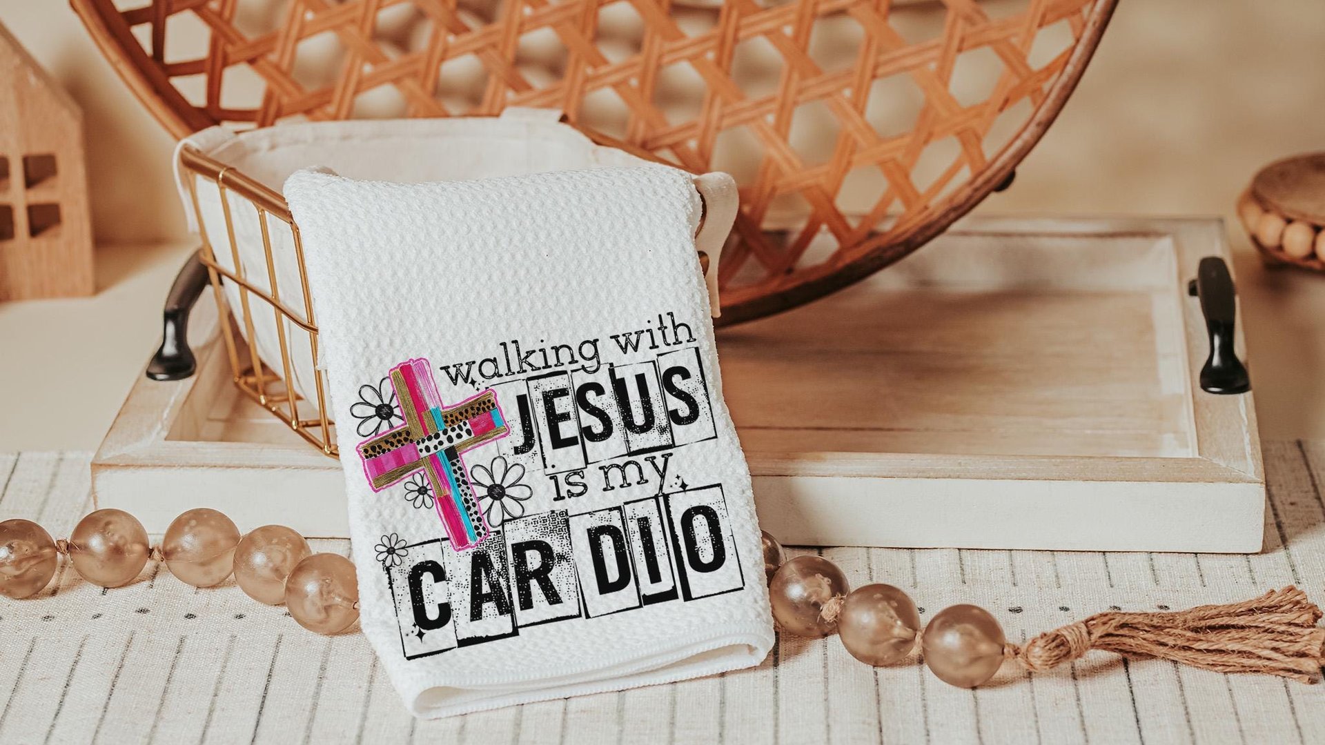 Walking with Jesus is my cardio kitchen towels for bridal shower, Christian kitchen finds, faith gifts for her, kitchen decor