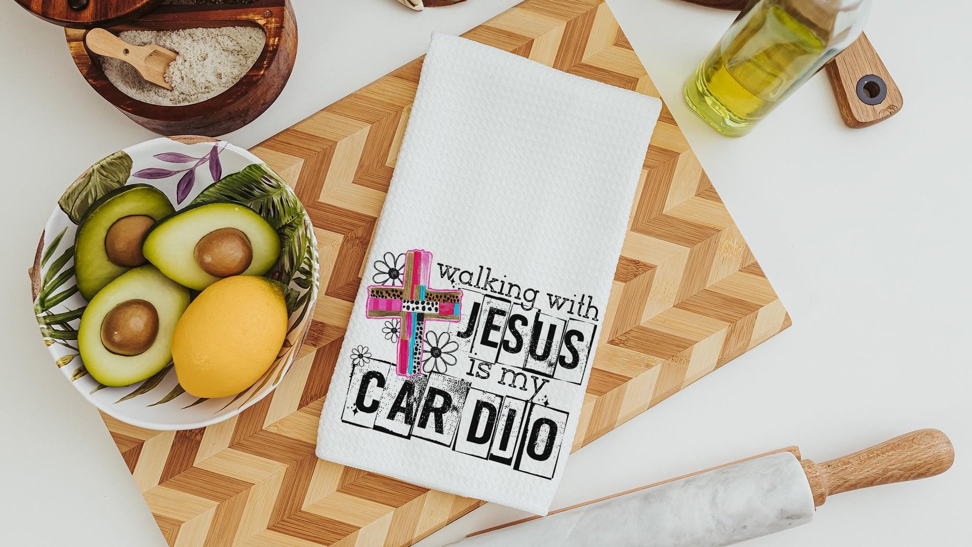Walking with Jesus is my cardio kitchen towels for bridal shower, Christian kitchen finds, faith gifts for her, kitchen decor