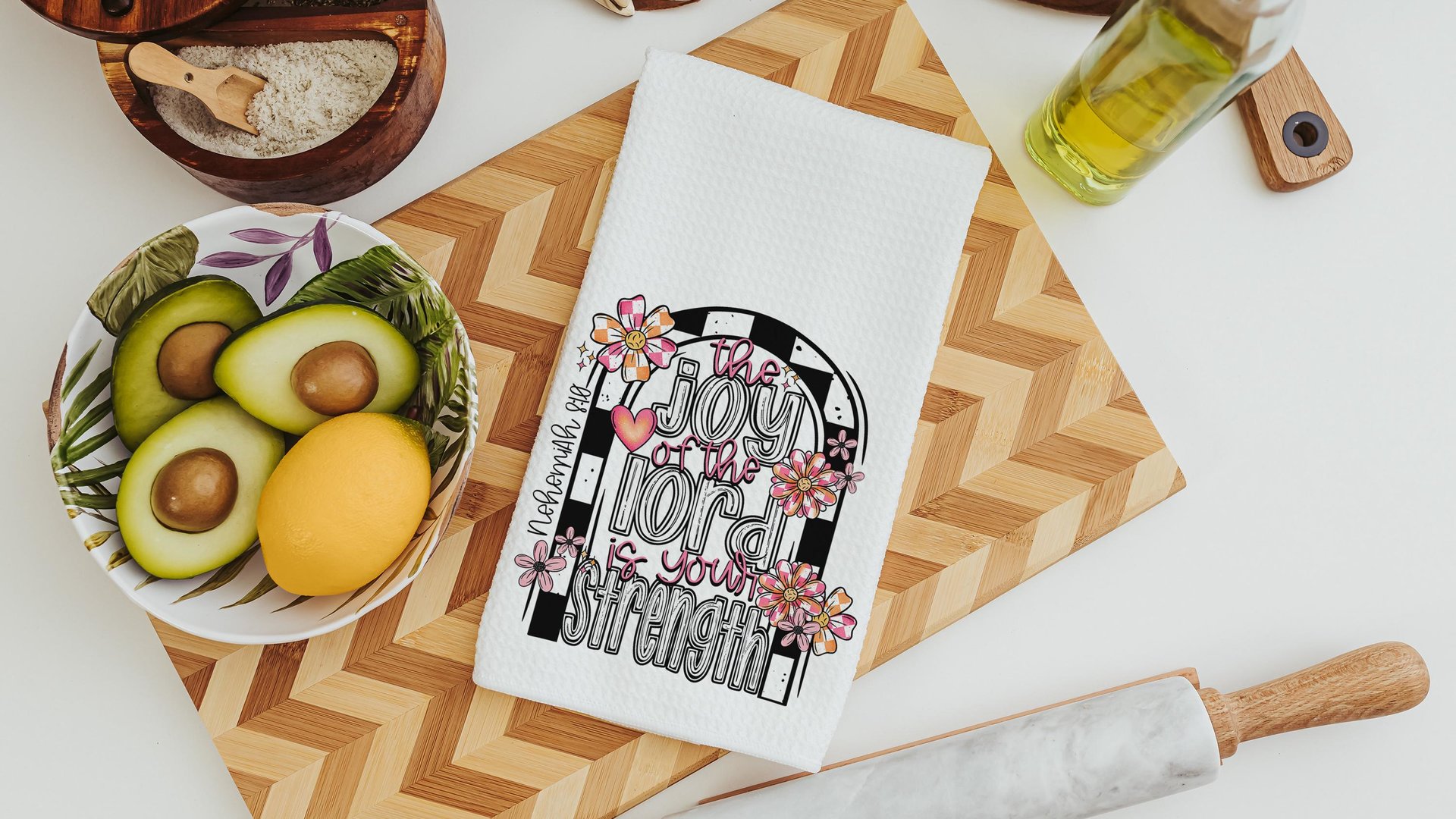 the joy of the Lord is your strength kitchen towels for bridal shower, Christian kitchen finds, faith gifts for her, floral kitchen decor