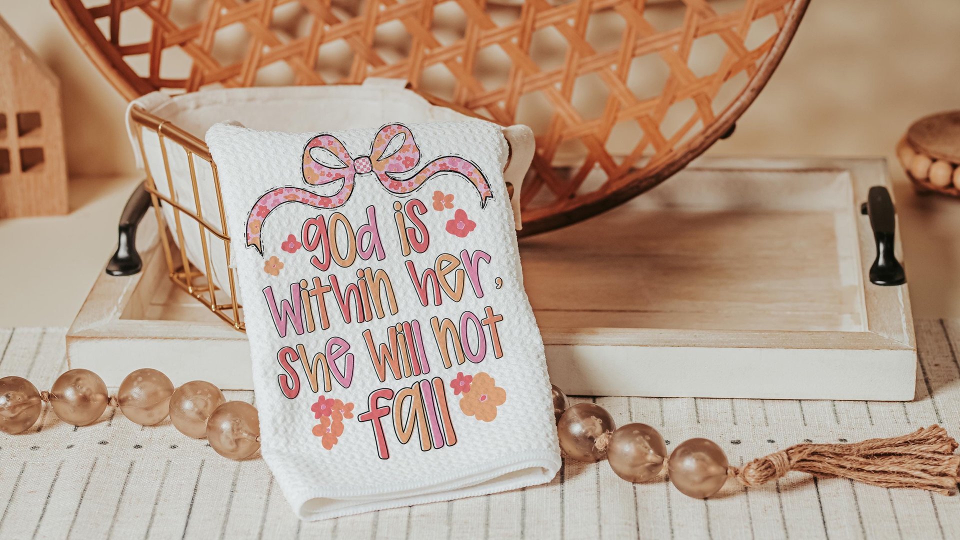 Psalm 46:5 Bible verse kitchen towels, faith gift for her, God is within her Christian coquette hand towels for bathroom, prayer warrior