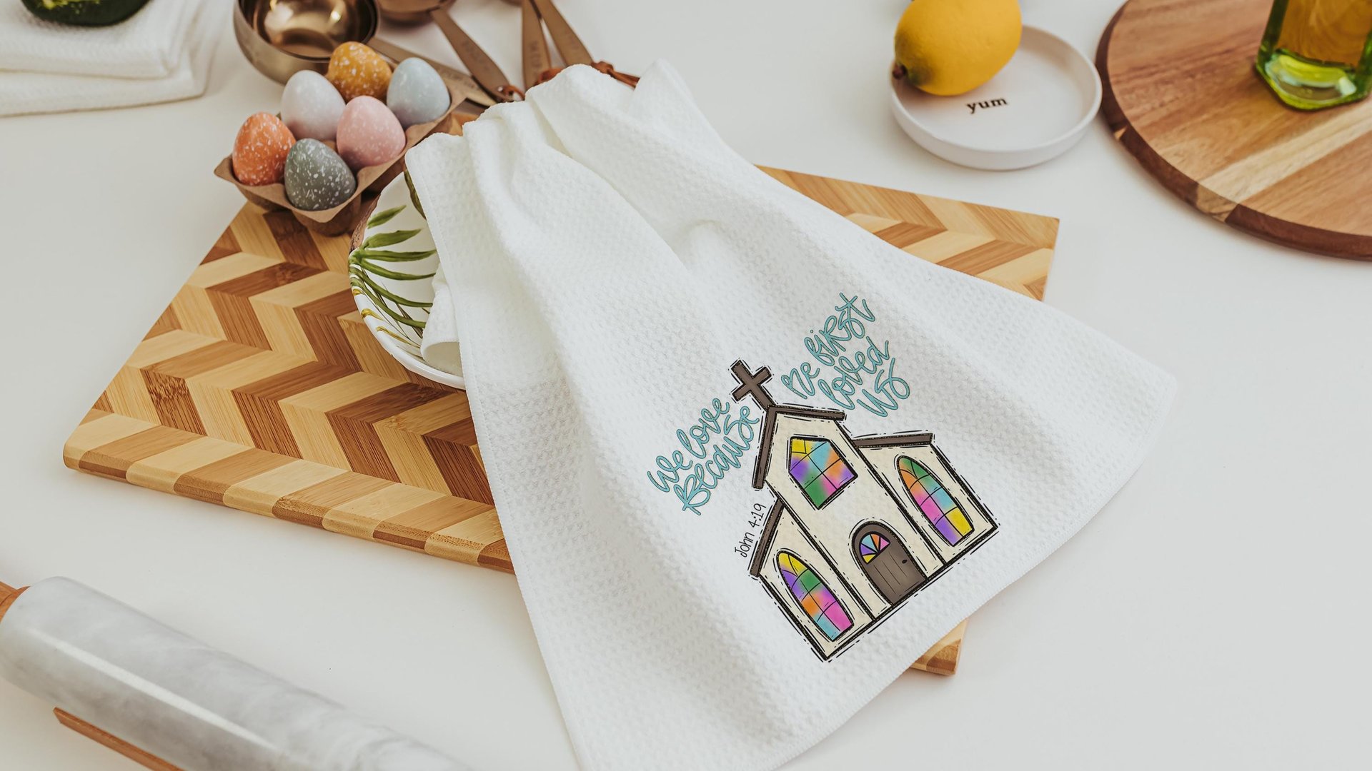 John 4 19 Christian kitchen towels wedding gifts for couple, faith gift for her, we love because he first loved us Bible verse hand towels