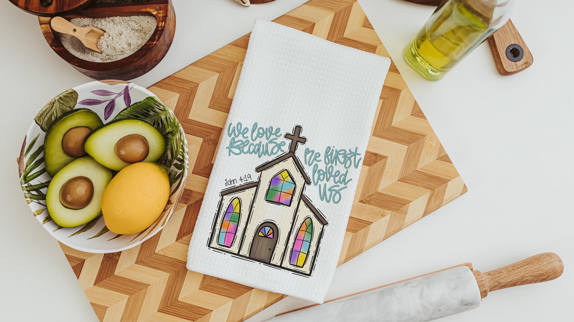 John 4 19 Christian kitchen towels wedding gifts for couple, faith gift for her, we love because he first loved us Bible verse hand towels