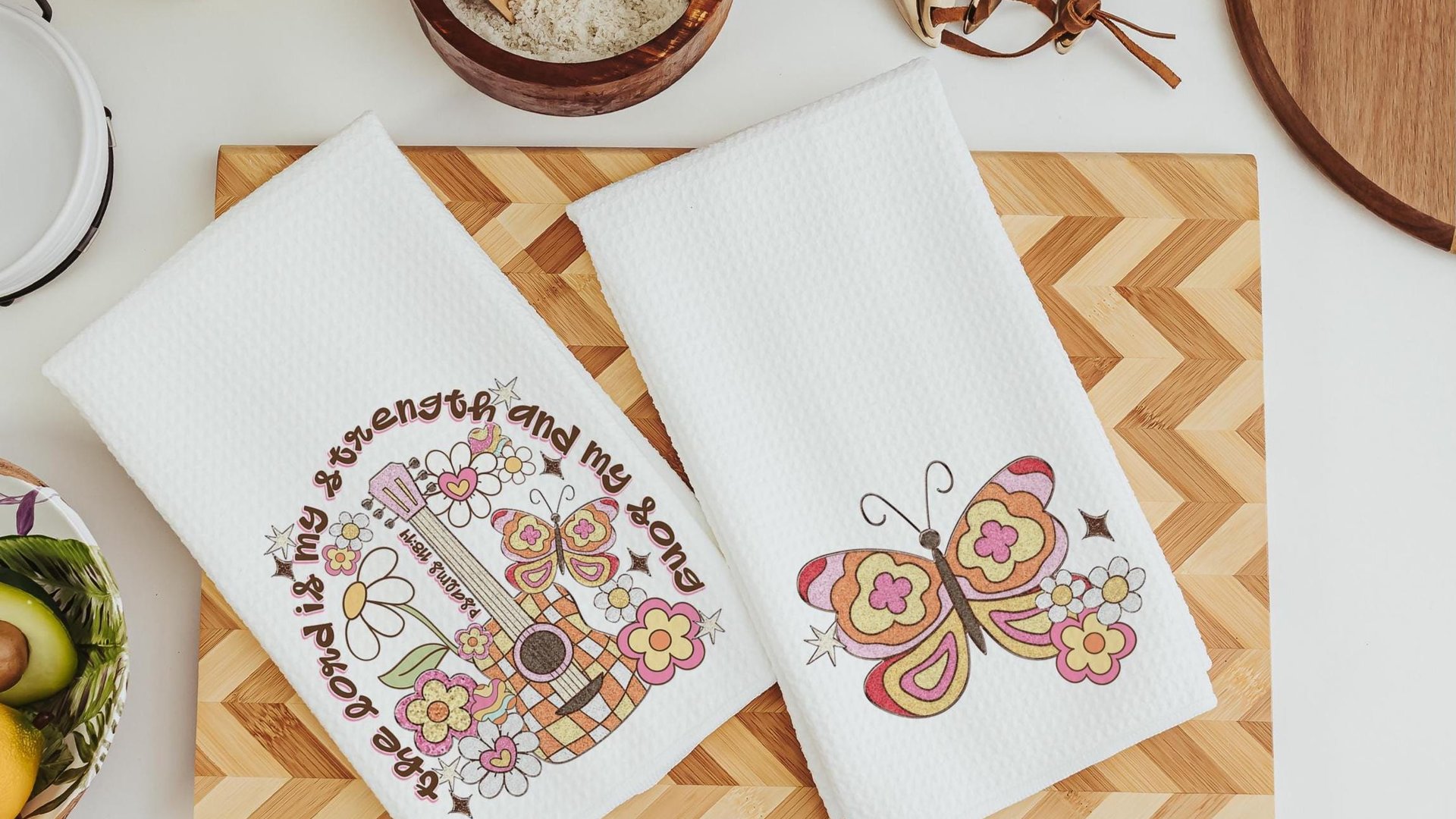 the Lord is my strength scripture kitchen towels, Christian kitchen decor, Psalm 118:14 Bible verse gifts for girlfriend, butterfly gifts