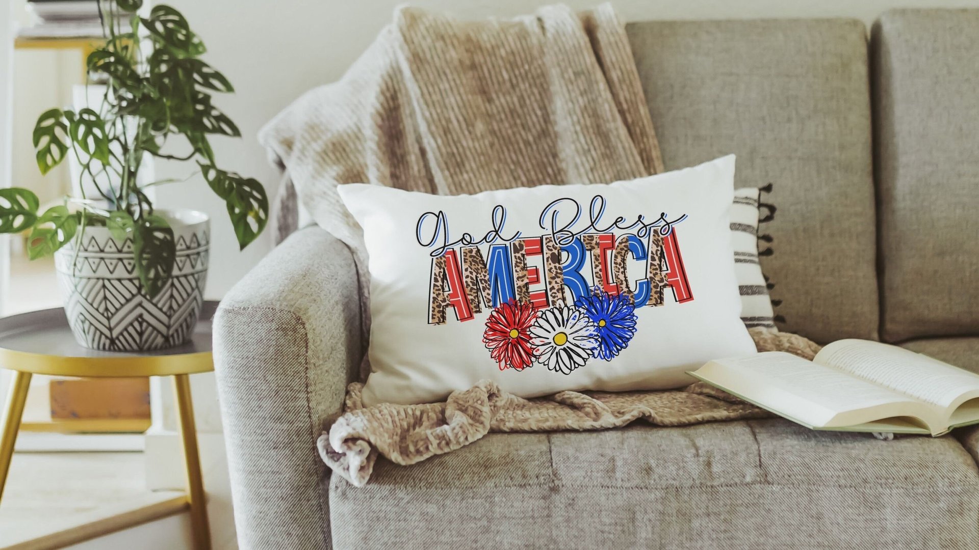God bless America throw pillows for sofa, 4th of July sunflower lumbar pillow for couch, military mom gift, patriotic decor for home, trendy