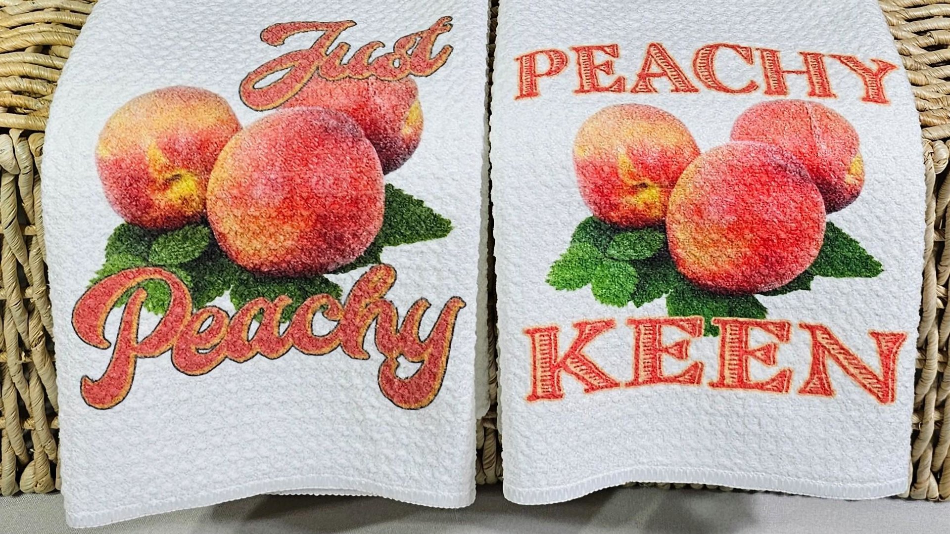 just peachy kitchen towels, Southern home decor, peachy keen kitchen hand towels, peach kitchen decor, Georgia gifts cute housewarming gifts