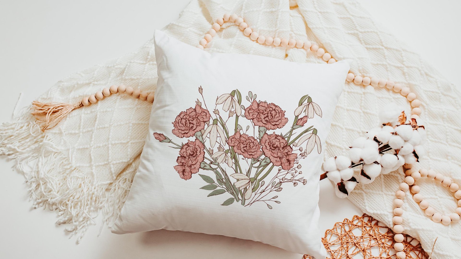 carnation flower throw pillow for couch, January birthday kitchen towels for Mom, snowdrop flower January birth flower gifts for friends