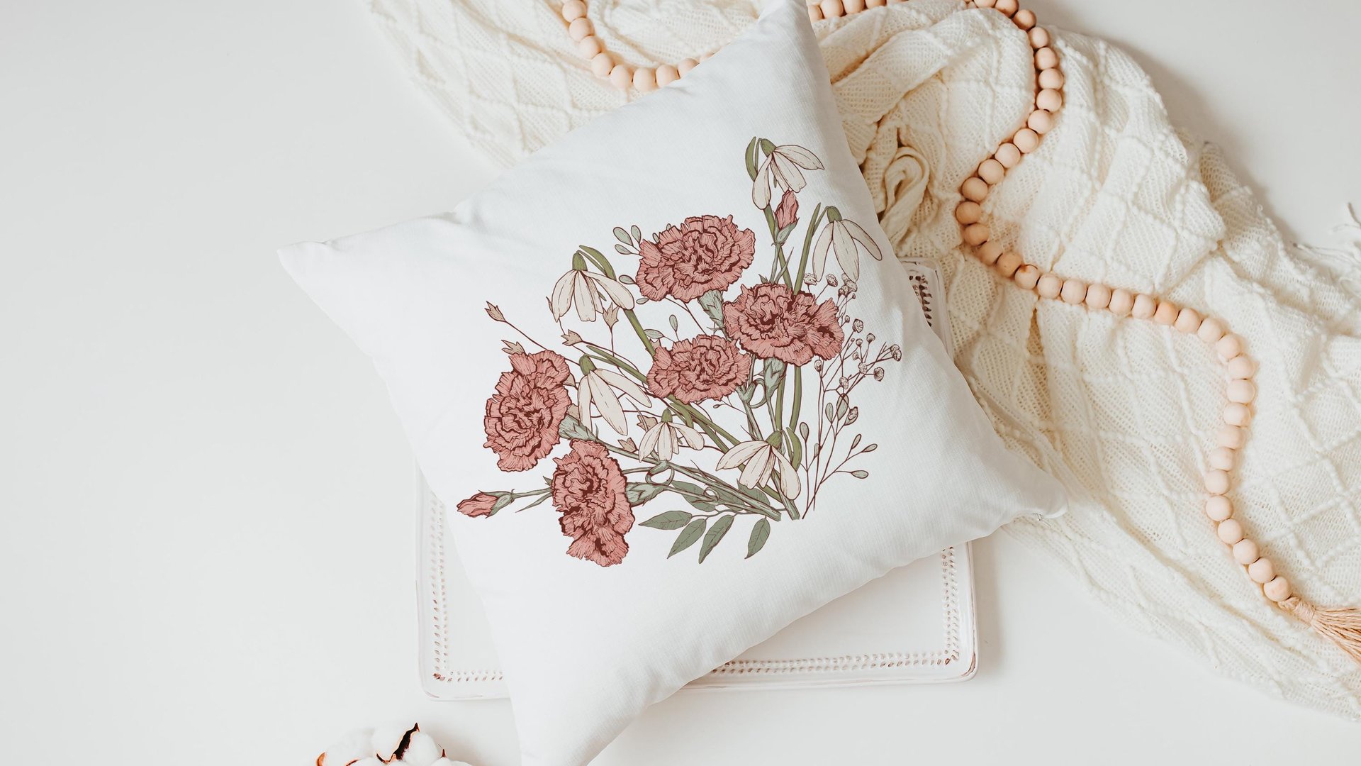 carnation flower throw pillow for couch, January birthday kitchen towels for Mom, snowdrop flower January birth flower gifts for friends