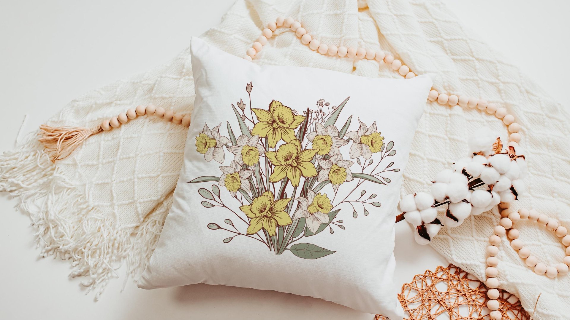 daffodil flower throw pillows for couch floral decorative pillows for bed, March birth flower gifts for mom, March kitchen towels for gifts