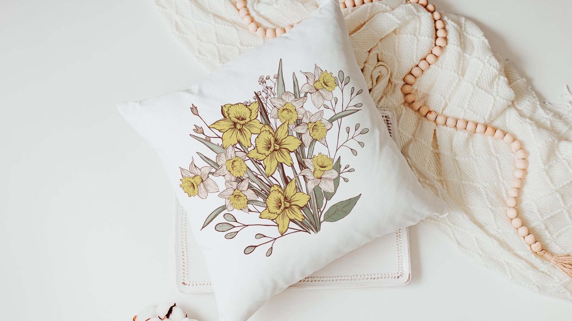 daffodil flower throw pillows for couch floral decorative pillows for bed, March birth flower gifts for mom, March kitchen towels for gifts