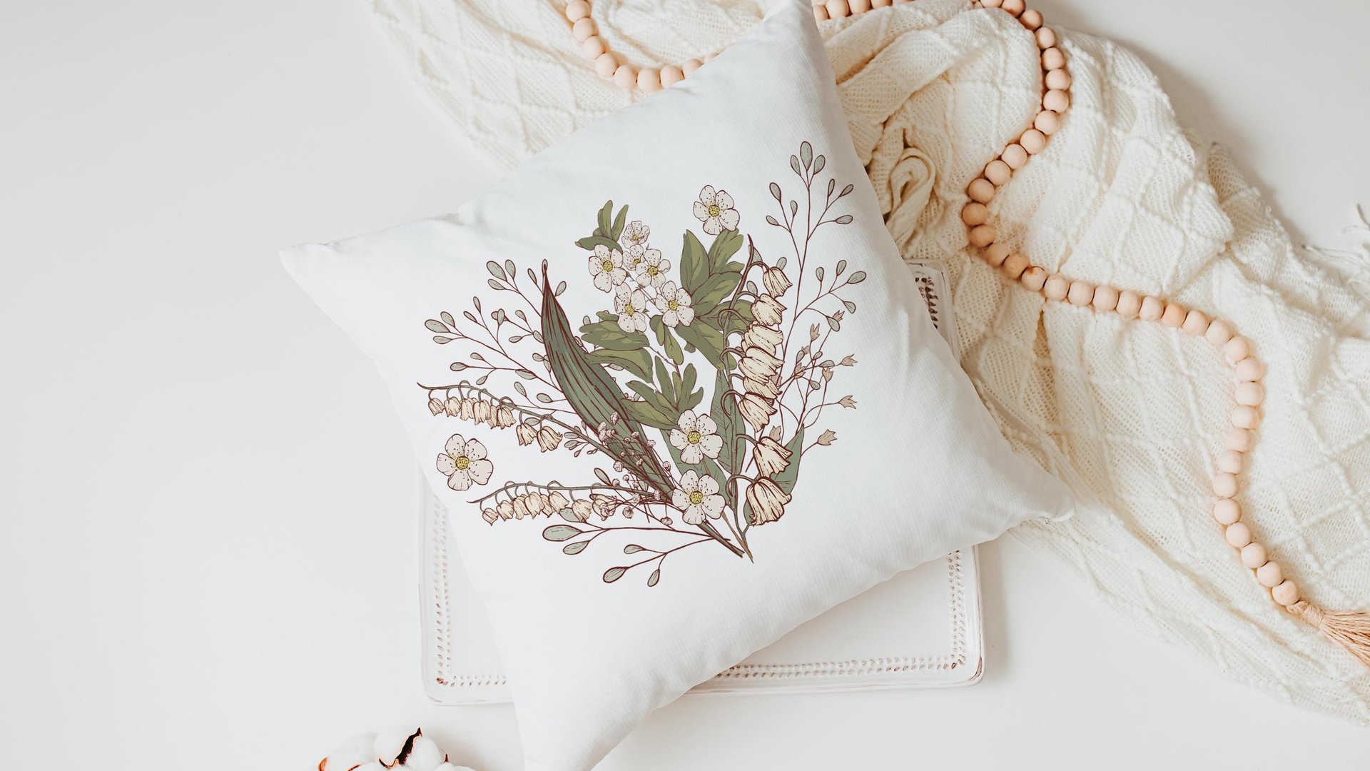 lily of the valley throw pillows for couch floral kitchen towels for Spring, best gifts for her, May birthday gifts for mom, white hawthorn