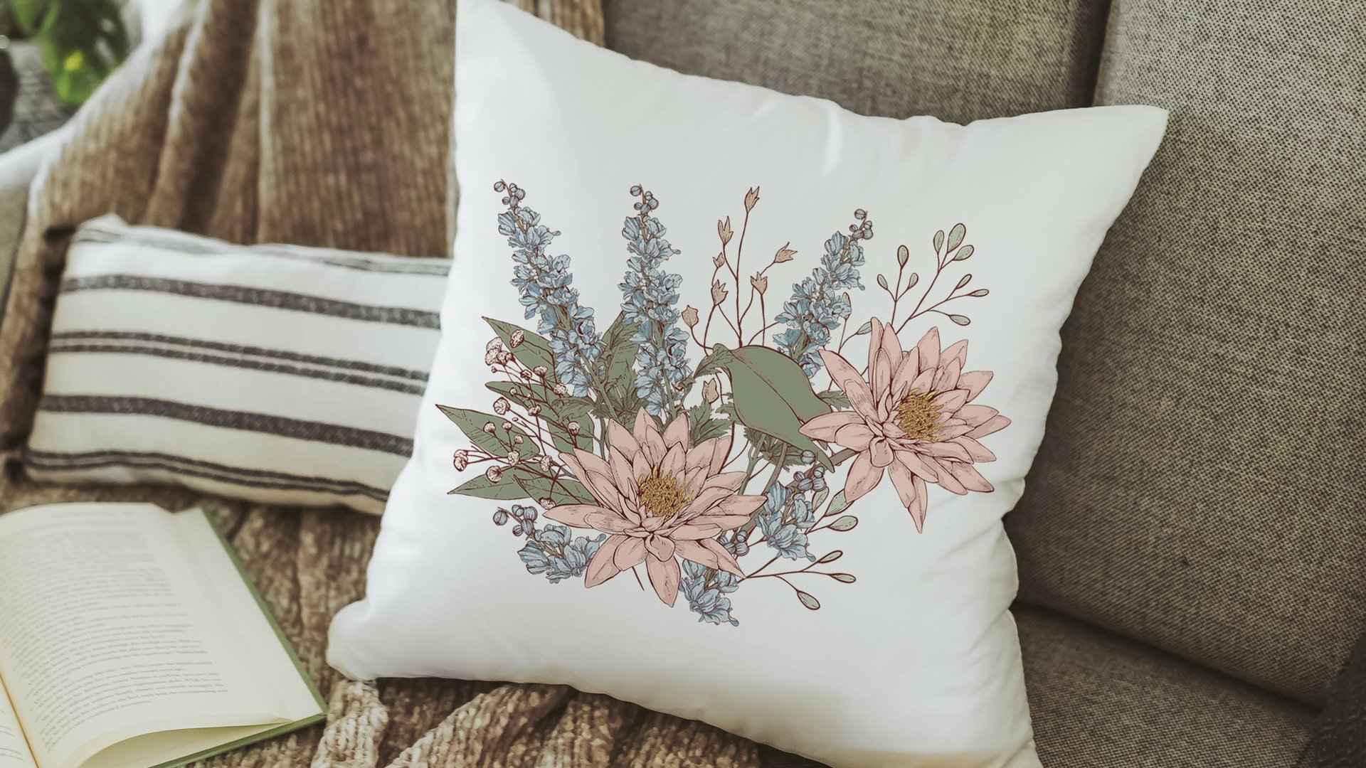 water lily & larkspur flower throw pillow for bed, July kitchen towels, July birth month flower gift for Mom, July birthday gifts for her