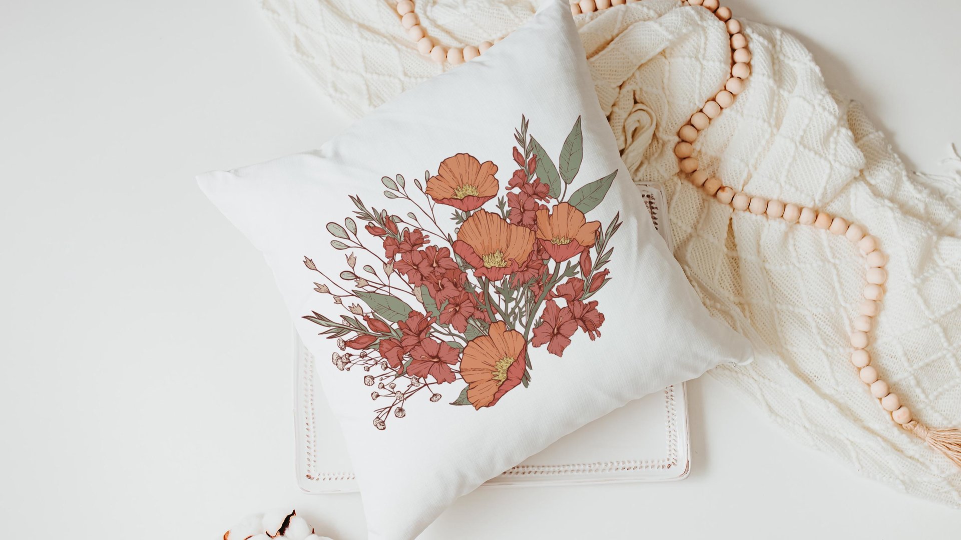 red poppy & gladiolus flower throw pillow for bed, August birthday kitchen towels, August birth month flower gifts for her, best friend