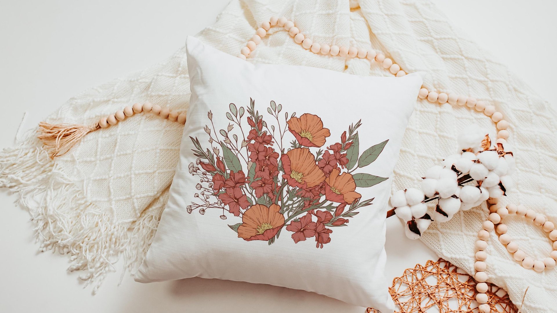 red poppy & gladiolus flower throw pillow for bed, August birthday kitchen towels, August birth month flower gifts for her, best friend