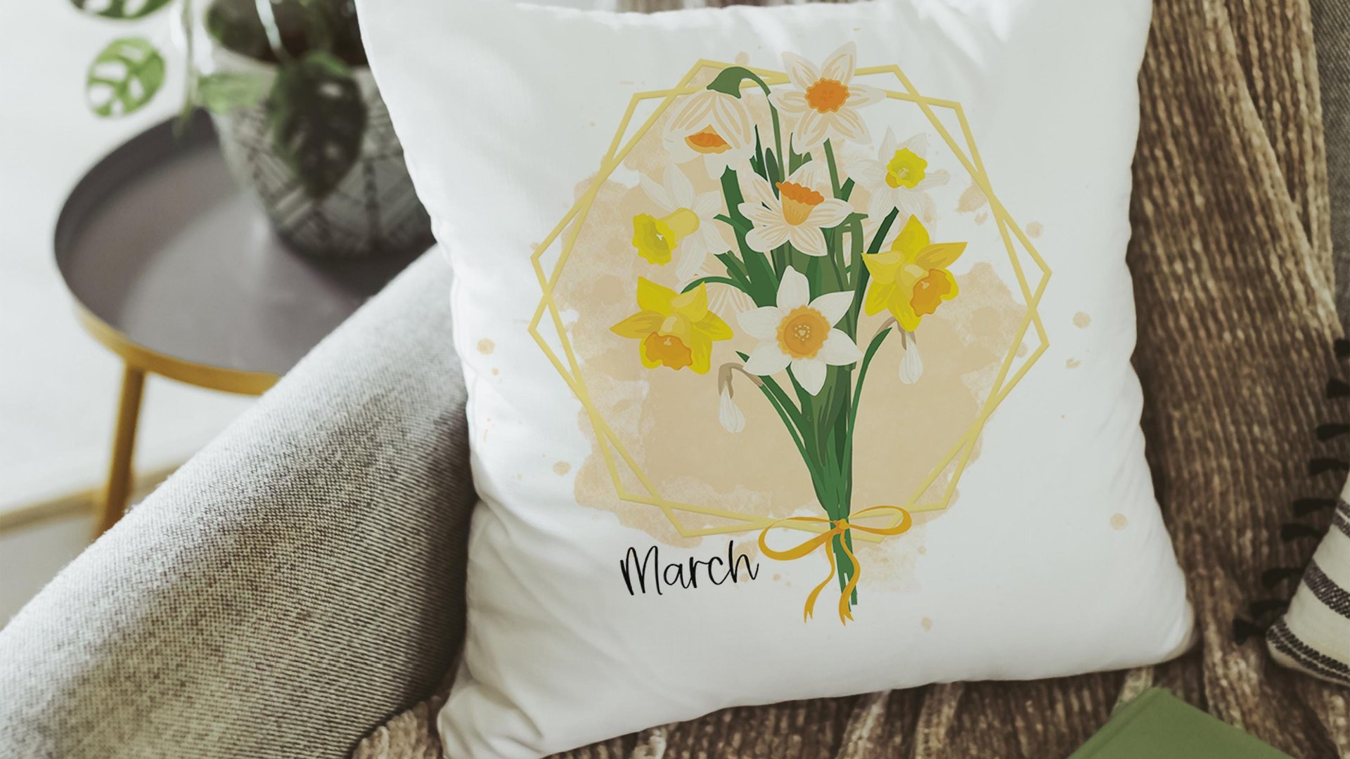 daffodil flower throw pillow for sofa, March birth flower gift for Mom, narcissus flower kitchen towels, March birthday gifts for women