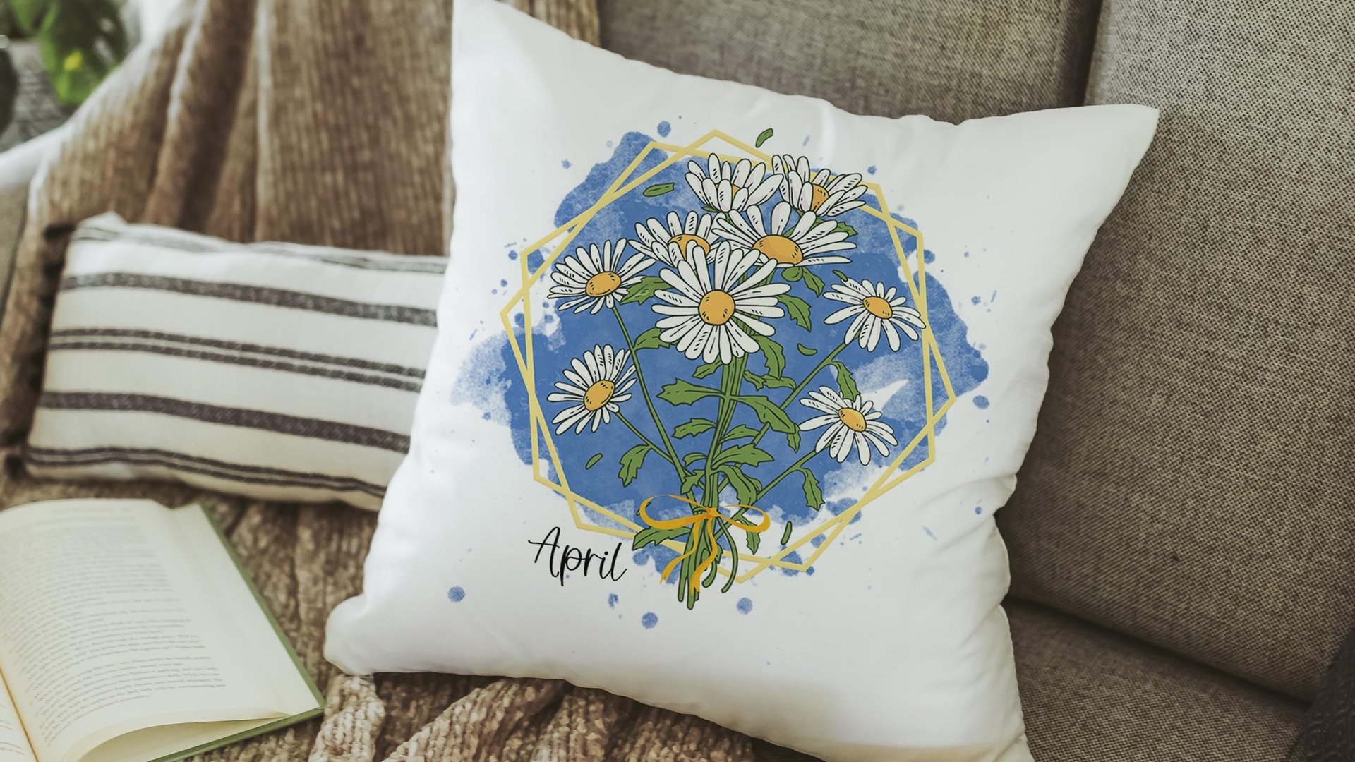 custom April birth flower throw pillow for sofa, daisy kitchen towel, April birthday gifts for her, botanical throw pillow covers 18x18