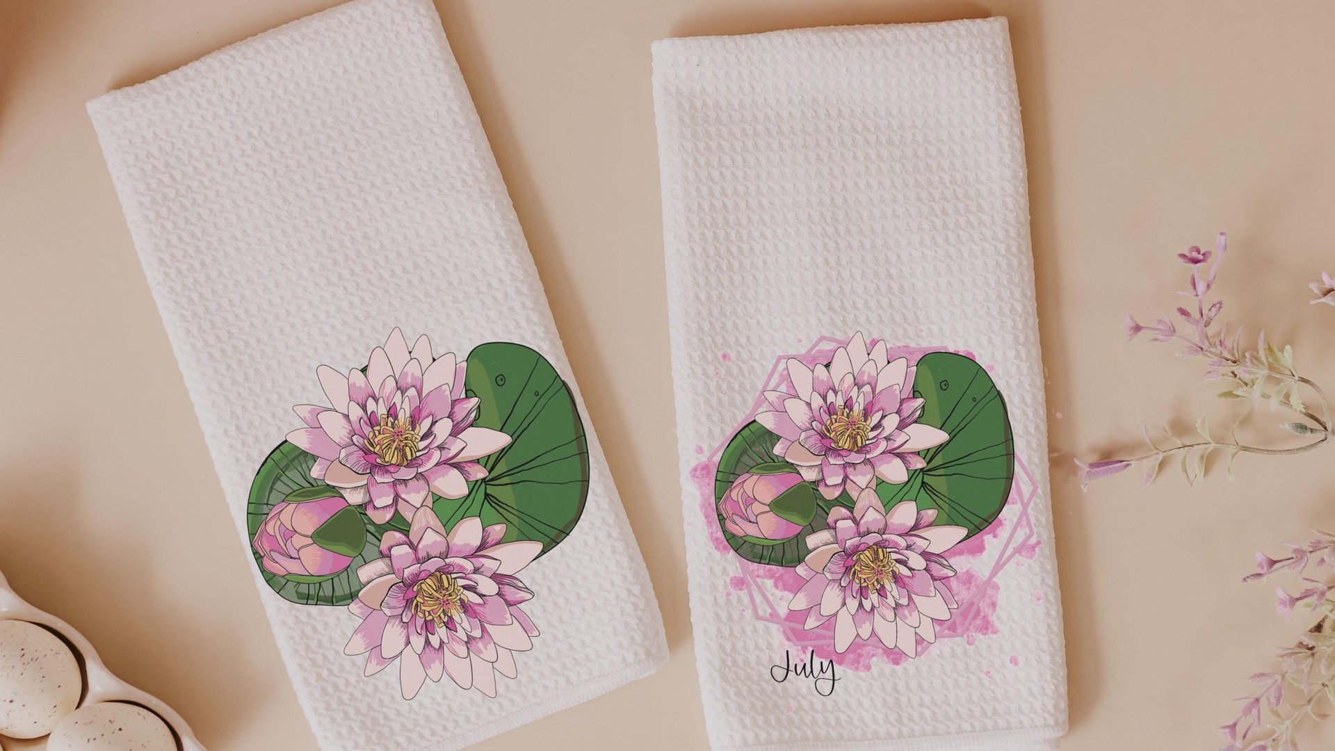 July birth flower throw pillow for bed, larkspur kitchen towels, water lily birth month flower decor, July birthday gifts for her, Leo gifts