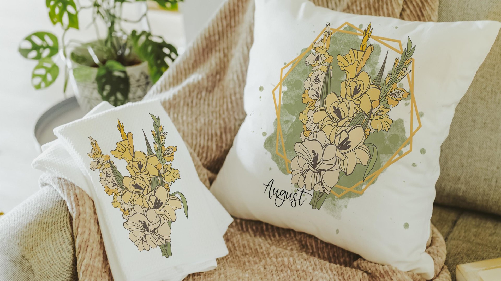 gladiolus flower throw pillow for bed, August birth month flower gifts for her, August birthday gifts for friend, yellow gladiolus kitchen