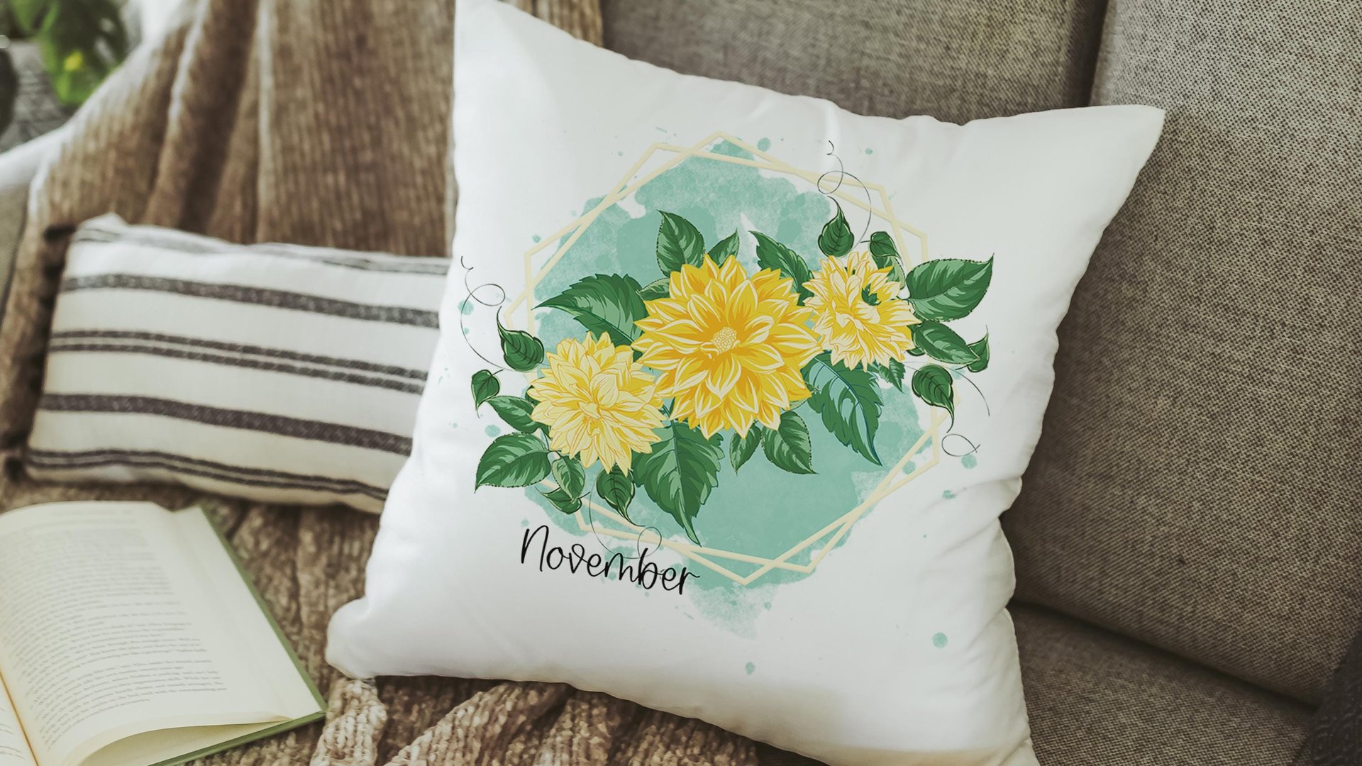 chrysanthemum flower throw pillows for bed, November birth flower gift for her, floral kitchen towels, November birthday gifts for sister