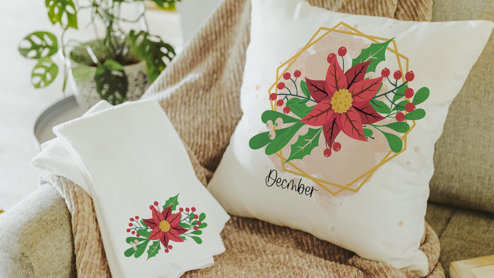 holly and berry Christmas throw pillows for sofa, December birth flower gift for her, December birthday gifts for women, red poinsettia hand