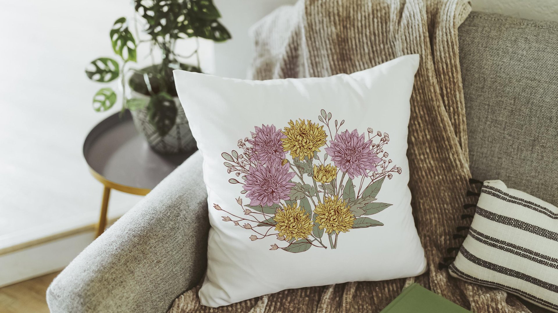yellow mums flower throw pillow for bed, November birthday kitchen towels, November birth month flower gifts for her, purple chrysanthemum