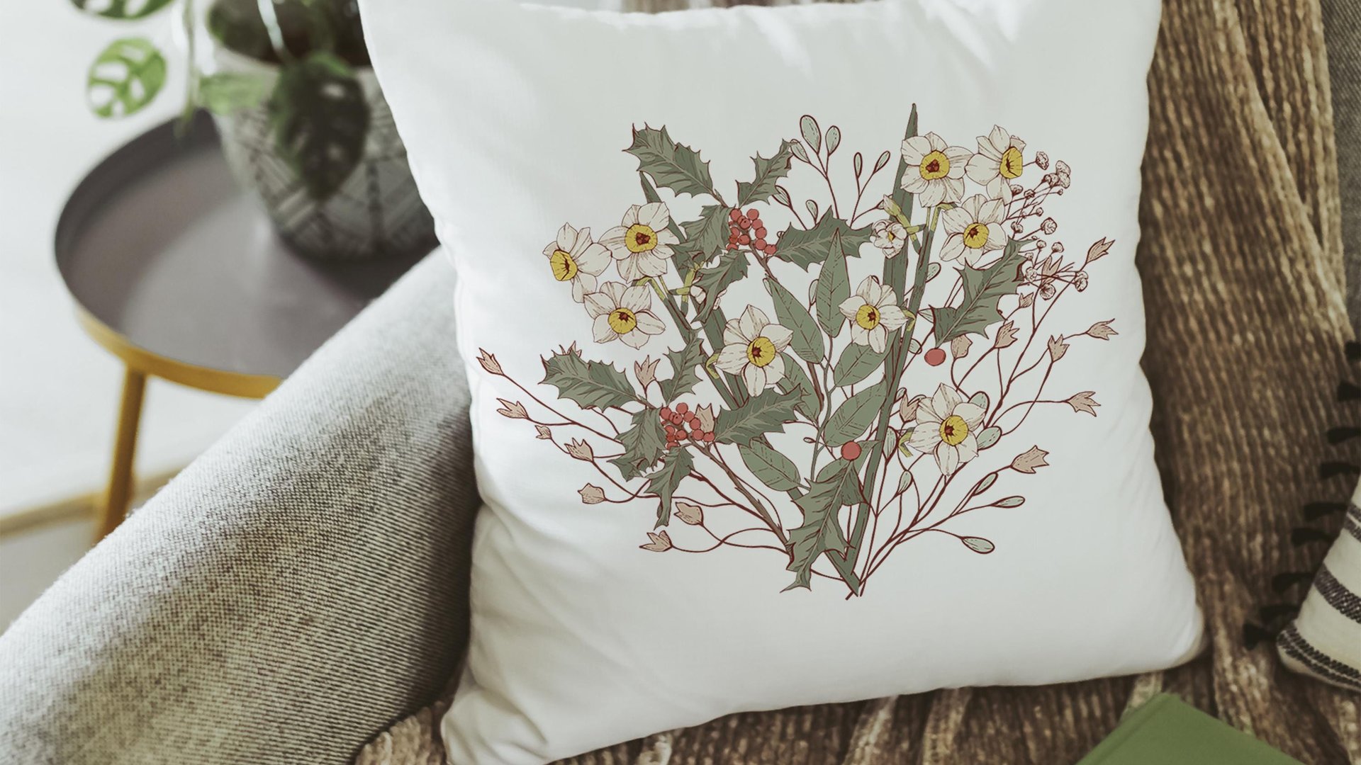 narcissus flower throw pillows for women, minimalist hand towels for besties, December birth flower gift for her birthday gifts for Mom