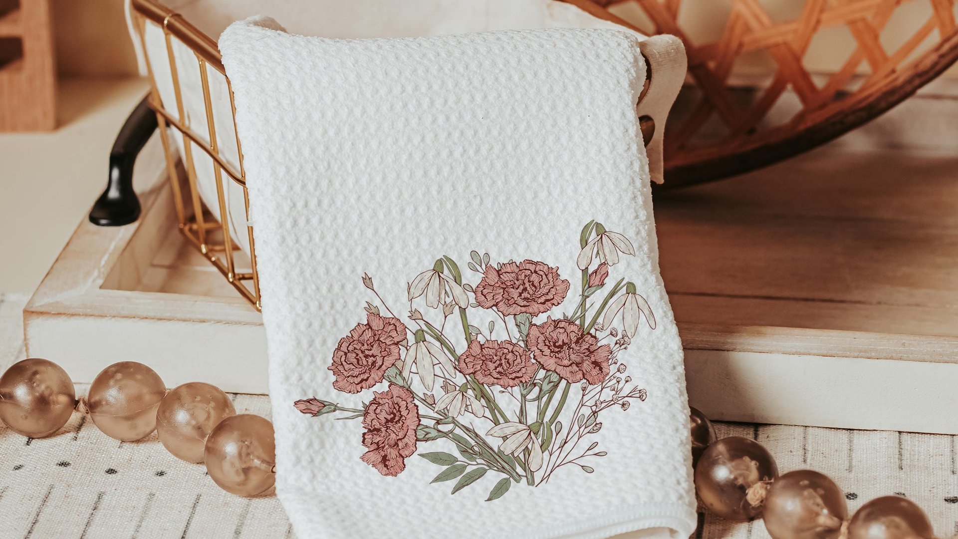 carnation flower hand towels for bathroom, January birth flower gift for friend birthday gifts for her, snowdrop flower kitchen towels, 1st