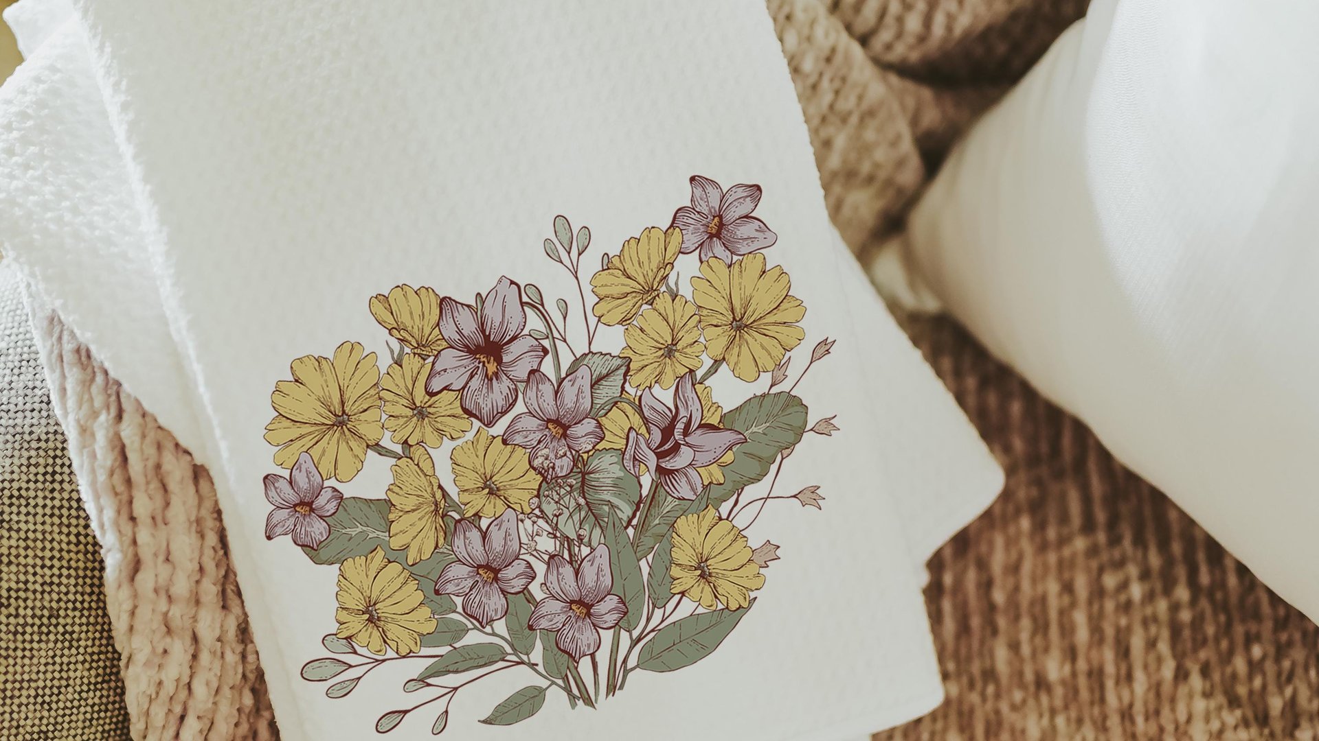 yellow primrose hand towels for cabin, February birth flower gift for friend birthday gifts for her, violet flower kitchen towels cottage