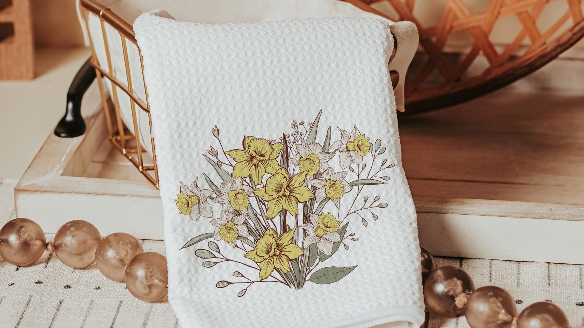 daffodil kitchen decor, floral hand towels for besties, March birth flower gift for friend birthday gifts for her, guest bathroom must haves
