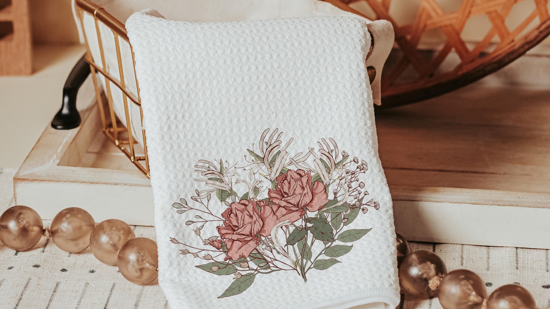 muted colors roses kitchen towel, June birthday gifts for her, June birth month flower hand towels for powder room, guest bathroom decor