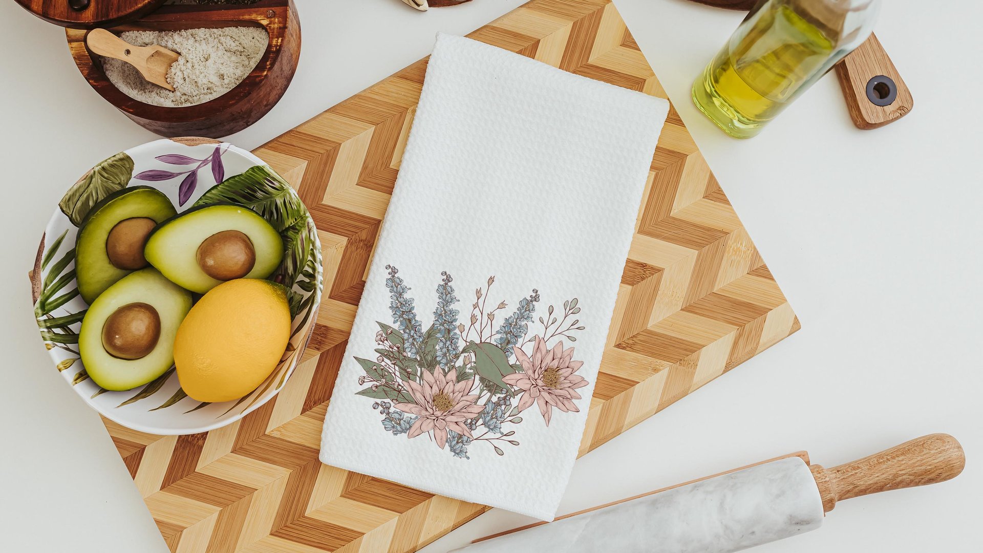 larkspur flower kitchen towels, July birth month flower gift for Mom, July birthday gifts for her, water lily bathroom hand towels for guest