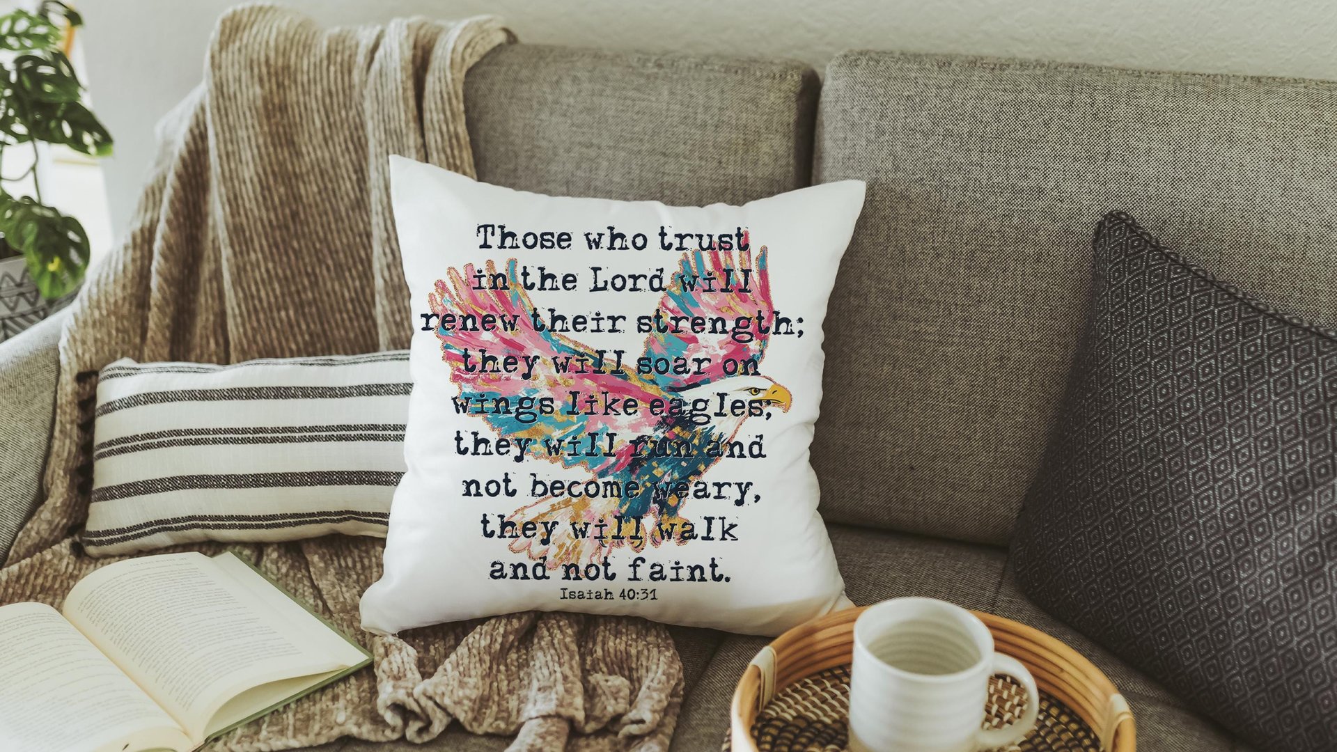 they will soar on wings like eagles scripture throw pillows for couch, Isaiah 40:31 Bible verse gifts for men, Christian patriotic decor for
