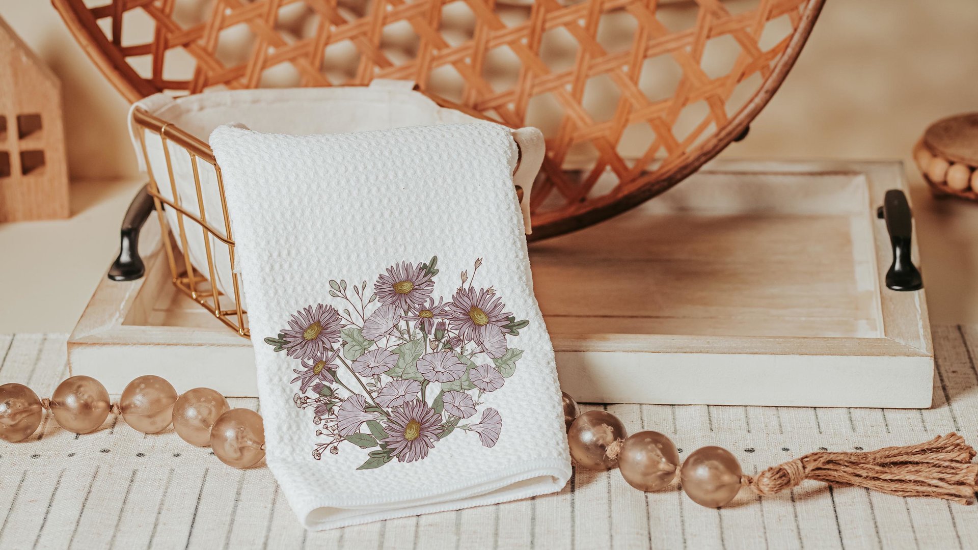 september birth flower morning glory flower kitchen towels, September birthday gift for her, purple aster muted floral bathroom hand towels