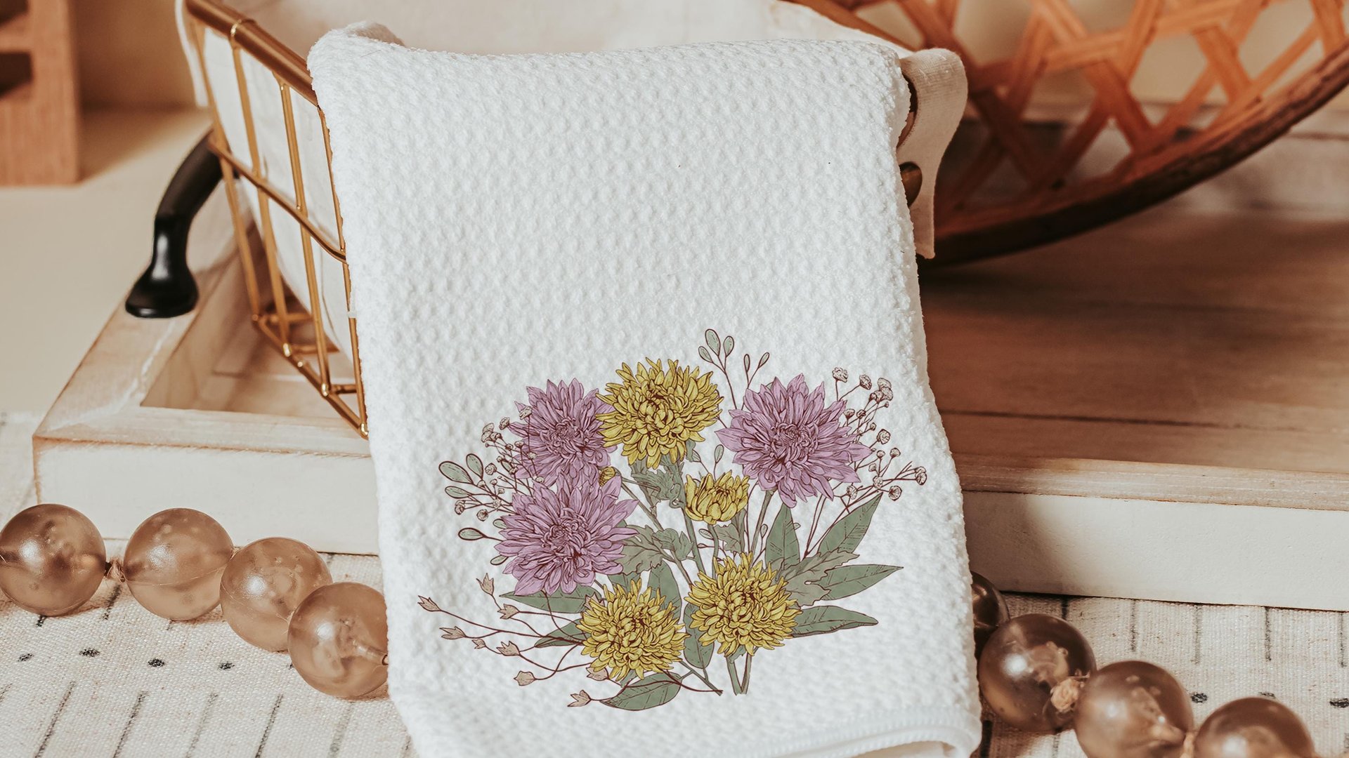 chrysanthemum kitchen towels, fall mums hand towels for powder room, November birth flower gifts for women, November birthday gifts for her